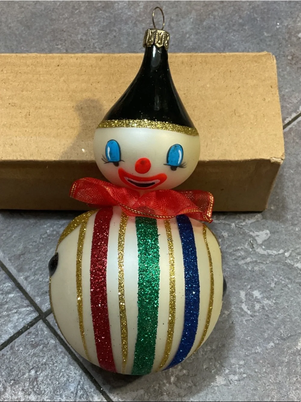 Pier 1 Cream Clown Ornament with Red, Blue, Green & Gold Accents